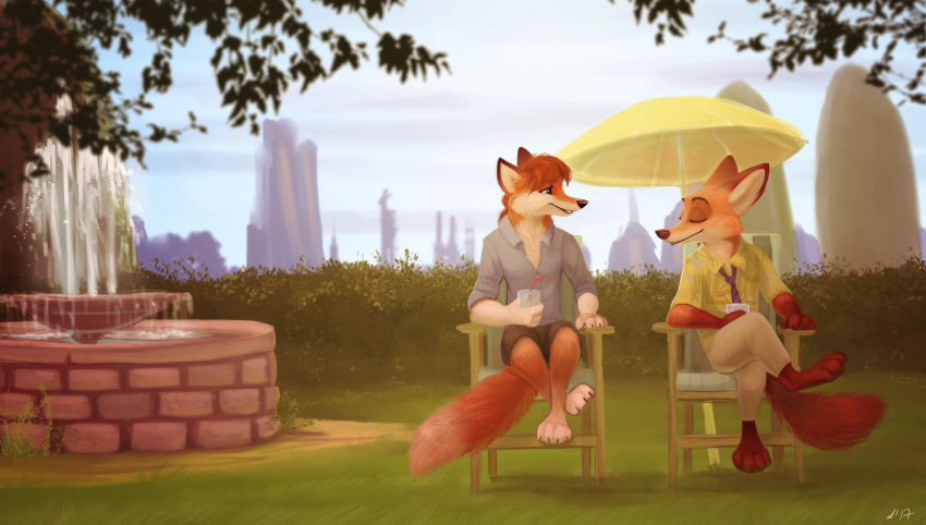 absurd_res ambiguous_gender anthro barefoot brown_body brown_fur building canid canine chair claws detailed detailed_background dipstick_ears dipstick_tail disney duo eyes_closed fluffy fluffy_tail fountain fox fur furniture grass hedge hi_res male mammal multicolored_ears multicolored_tail nick_wilde orange_body orange_fur outside plant red_fox ritwell sitting sky toe_claws tree zootopia