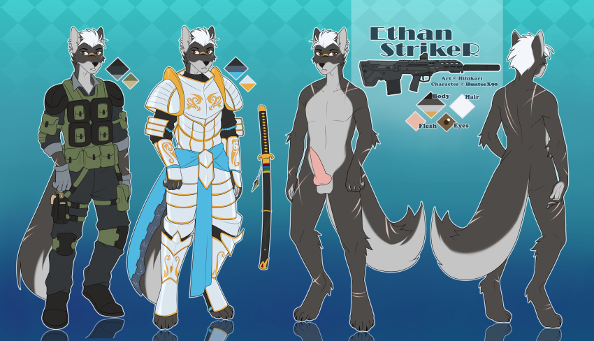 absurd_res armor canid canine canis ethan gun hair hi_res hihikori invalid_color katana knight male mammal mdr melee_weapon ranged_weapon rifle samurai scared soldier striker super sword warrior weapon wolf