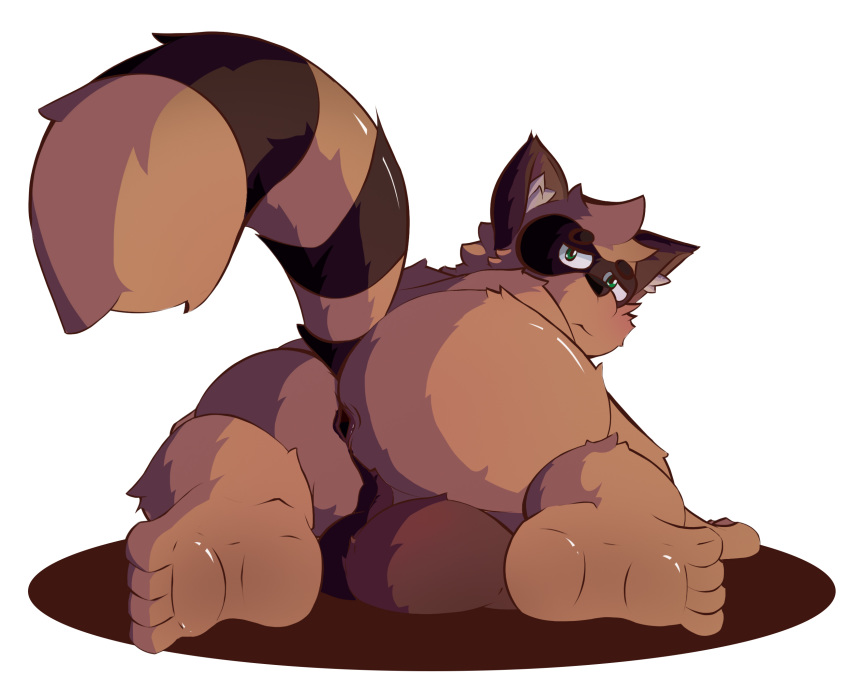 2017 anthro anus balls big_balls brown_body brown_fur butt canid canine fur hi_res male mammal raccoon_dog simple_background snowhip solo tanuki white_background