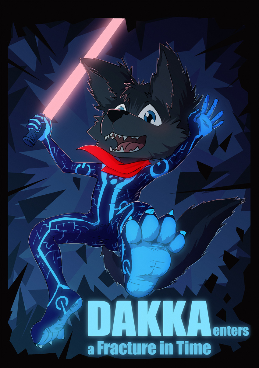 2019 4_toes 5_fingers bandanna black_body black_fur blue_eyes bodysuit canid canine canis claws clothing cub dakka dakkawoof fangs fingers fur hi_res lightsaber male mammal melee_weapon name_badge open_mouth paws skinsuit solo star_wars sword tight_clothing toes tron weapon wolf young