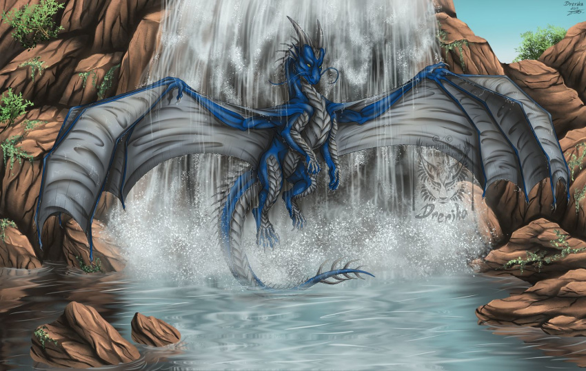 2019 4_toes claws day detailed_background digital_media_(artwork) dragon drerika feral hi_res horn male membrane_(anatomy) membranous_wings outside partially_submerged scales scalie solo spines toes water waterfall western_dragon wings