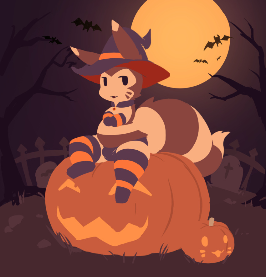 2019 anthro belly brown_body brown_fur bulge clothing food fruit fur furret halloween hat headgear headwear hi_res holidays male moon night nintendo outside plant pok&eacute;mon pok&eacute;mon_(species) pumpkin sitting slightly_chubby somnamg underwear video_games