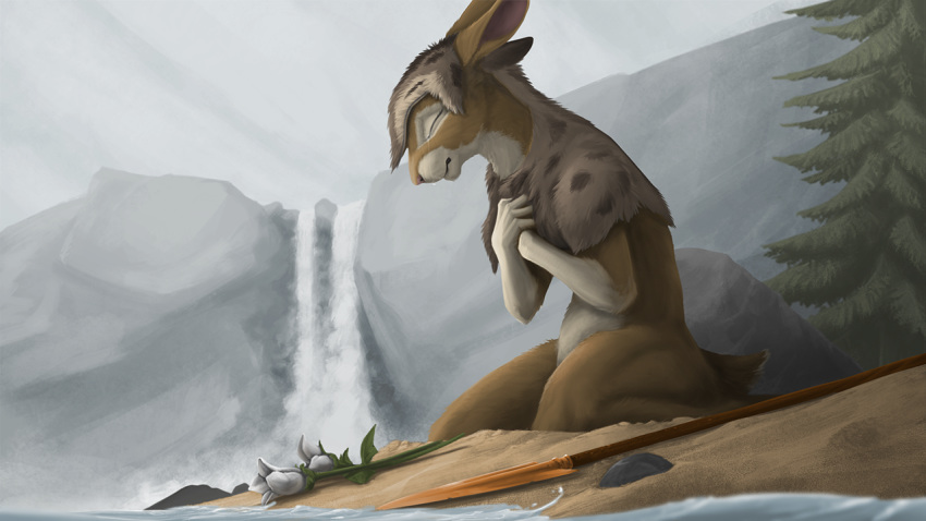 16:9 amazing_background animal_skin anthro bodily_fluids brown_body brown_fur crying detailed detailed_background ears_back eyes_closed female flower fur gloves_(marking) hemlock_(oren's_forge) ipoke kneeling lagomorph leporid mammal markings melee_weapon mostly_nude multicolored_body multicolored_fur oren's_forge outside pivoted_ears plant polearm rabbit sad scut_tail sky solo spear tears tree two_tone_body two_tone_fur water waterfall weapon white_body white_fur