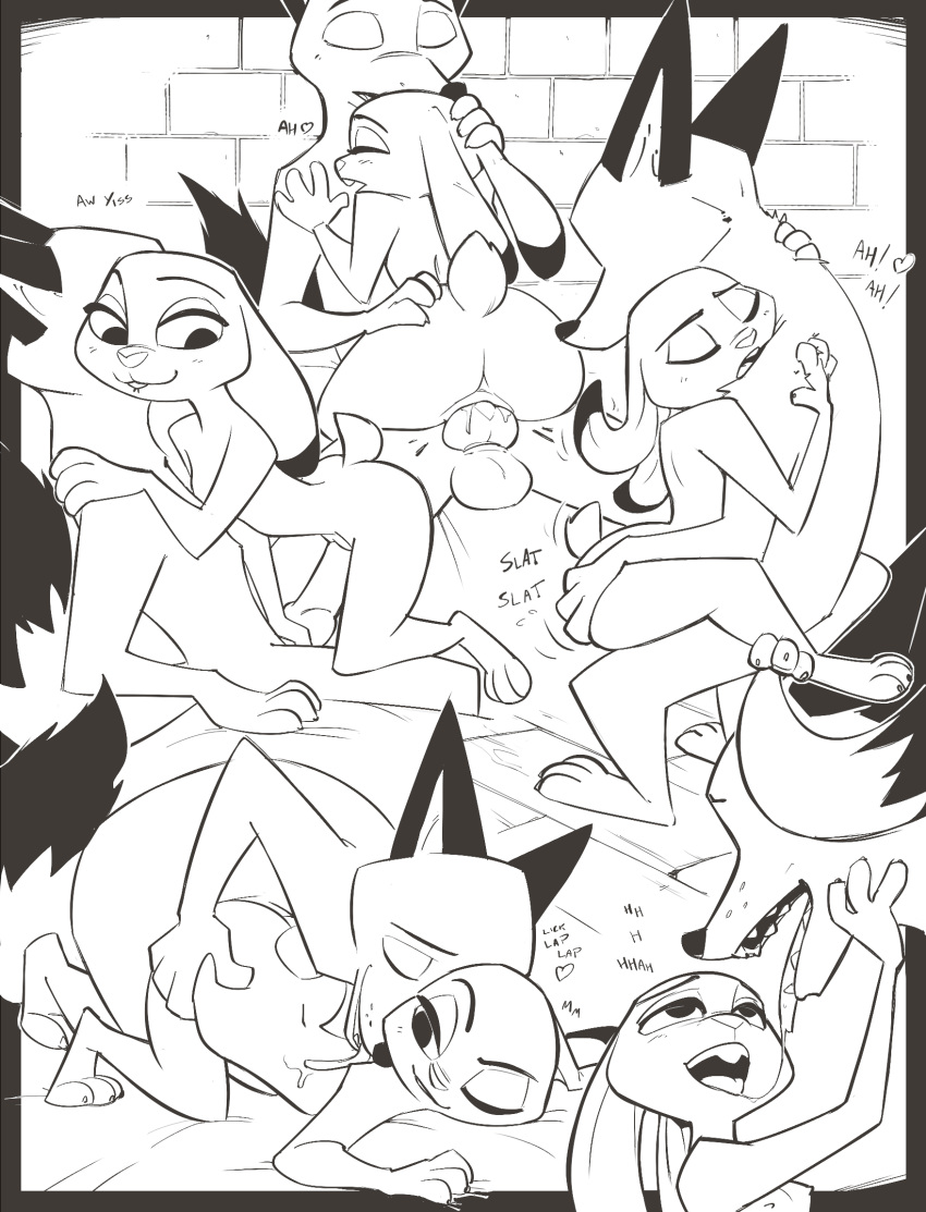 all_fours anthro black_and_white bodily_fluids canid canine comic disney doggystyle duo female fox from_behind_position hi_res judy_hopps kissing knot lagomorph leporid licking male male/female mammal mastery_position mistermead monochrome nick_wilde nude penetration penis rabbit saliva saliva_string sex tongue tongue_out vaginal vaginal_penetration zootopia