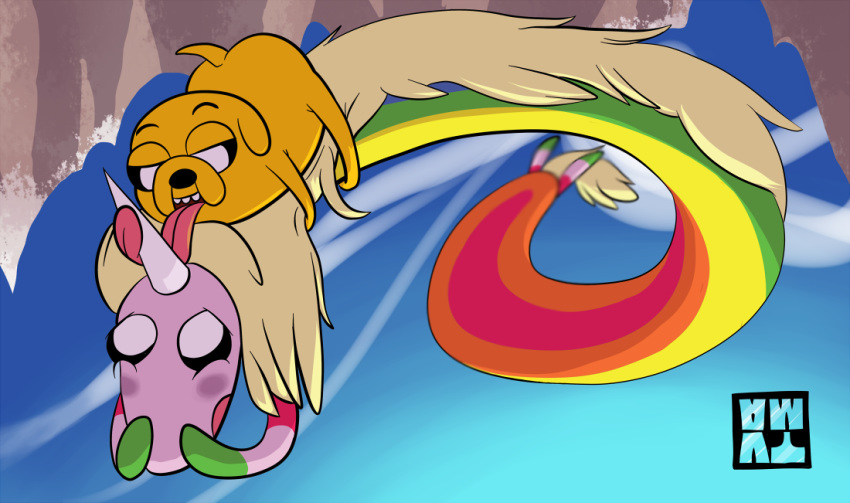 adventure_time blonde_mane blush butt canid canine canis cartoon_network domestic_dog female flying half-closed_eyes horn hornjob jake_the_dog lady_rainicorn licking male male/female mammal mane open_mouth rainicorn sky teeth tongue tongue_out tvma