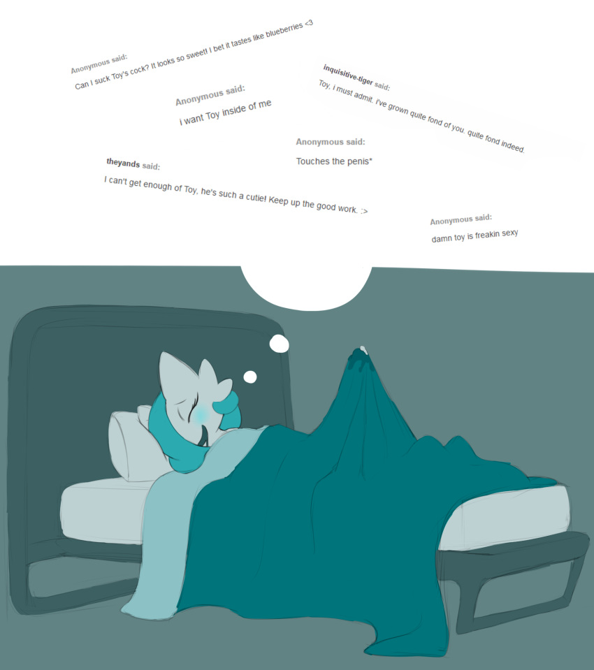 anon bed bed_sheet bedding blanket blush bodily_fluids clothed clothing comment cum dream english_text erection eyes_closed fan_character footwear furniture gardevoir genital_fluids girly hair hi_res humanoid leaking lol_comments lying male mcnasty nintendo not_furry open_mouth penis pillow pok&eacute;mon pok&eacute;mon_(species) precum shiny_pok&eacute;mon simple_background sleeping smile solo text topless toy_(mcnasty) tumblr video_games wet_dream white_background white_body white_skin