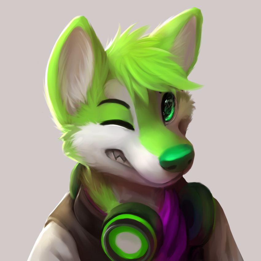 1:1 2013 akita anthro bandanna bust_portrait canid canine canis cheek_tuft clothed clothing digital_media_(artwork) domestic_dog eyebrows fur glistening glistening_eyes green_body green_eyes green_fur green_hair green_nose grey_background hair headphones headphones_around_neck husky inner_ear_fluff looking_aside looking_at_viewer male mammal multicolored_body multicolored_fur niic nordic_sled_dog one_eye_closed portrait sharp_teeth short_hair simple_background smile snout solo spitz teeth thanshuhai tuft two_tone_body two_tone_fur white_belly white_body white_fur wink