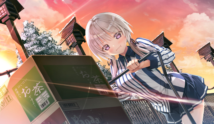 blush clouds game_cg gray_hair kakegawa_hazuki kiba_satoshi marmalade purple_eyes short_hair skirt sky study_&sect;_steady sunset twintails