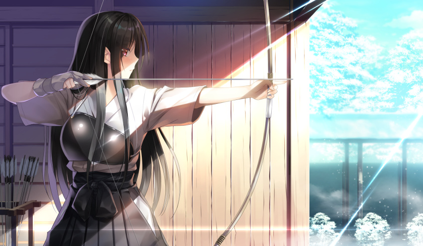 black_hair blush bow_(weapon) clouds emily game_cg gloves japanese_clothes long_hair marmalade omaezaki_yuu red_eyes sky snow study_&sect;_steady weapon