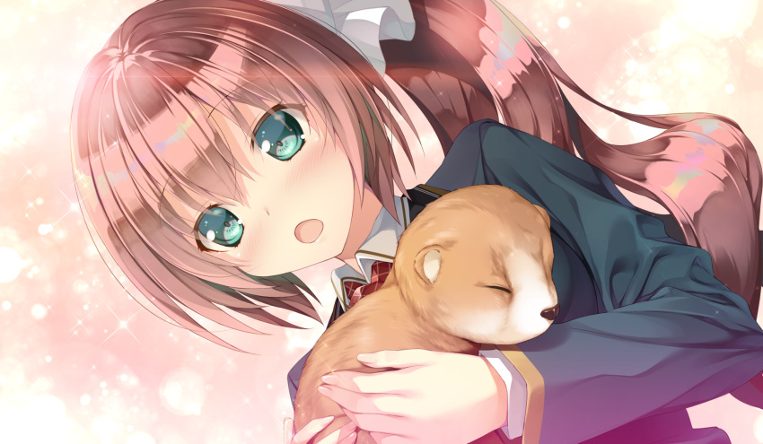 animal blush brown_hair dog game_cg green_eyes kiba_satoshi kinomiya_nanoka long_hair marmalade ponytail study_&sect;_steady