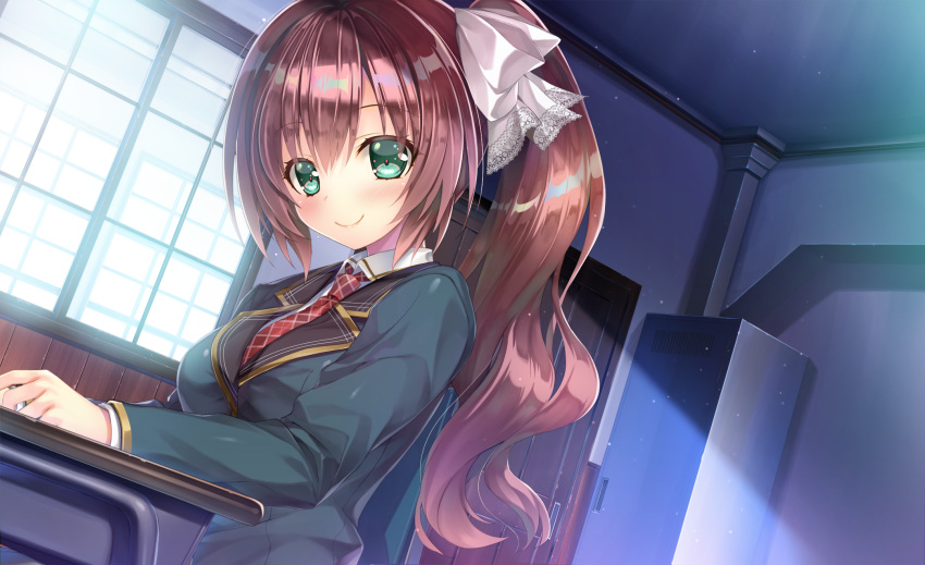 blush brown_hair game_cg green_eyes kiba_satoshi kinomiya_nanoka long_hair marmalade ponytail ribbons school_uniform study_&sect;_steady tie