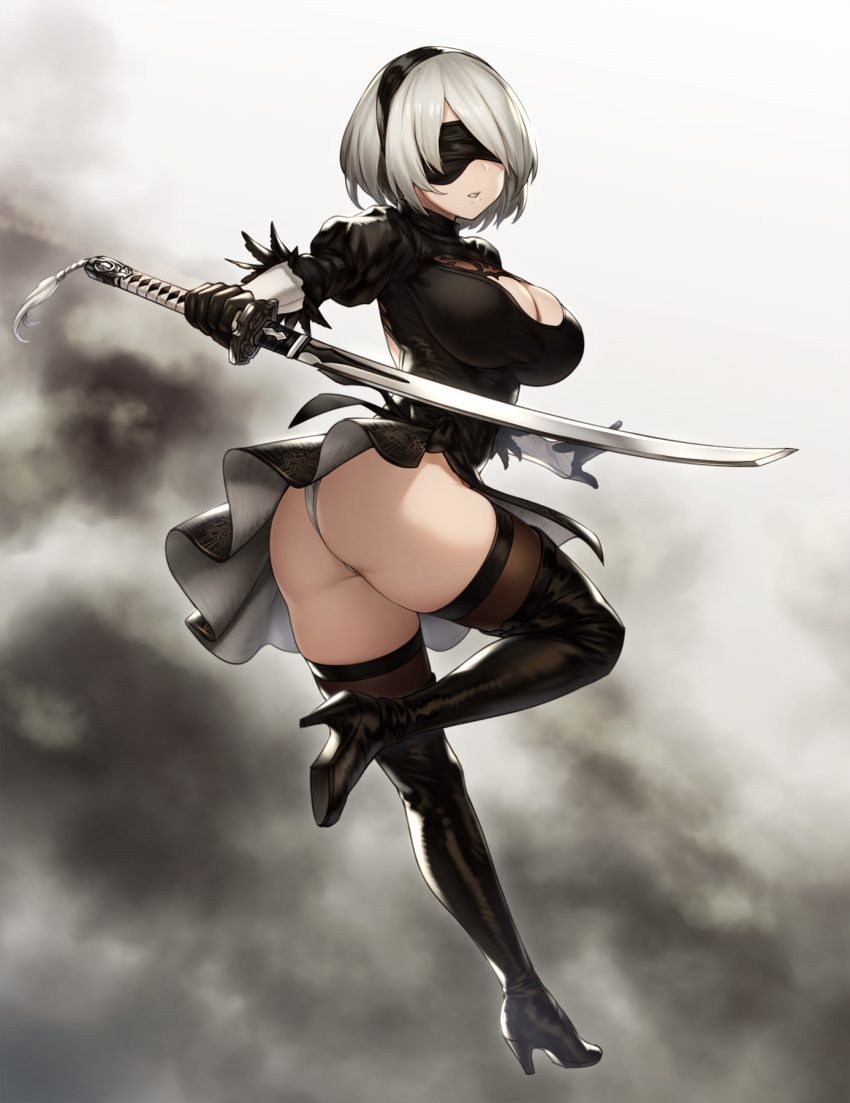 ass cleavage dress heels houtengeki nier_automata pantsu skirt_lift sword thighhighs thong yorha_no.2_type_b