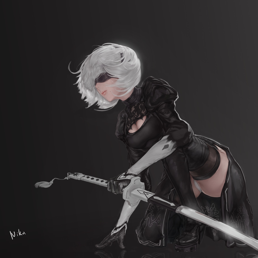 cleavage dress heels nier_automata pantsu skirt_lift sword thighhighs yorha_no.2_type_b youximiaomiao