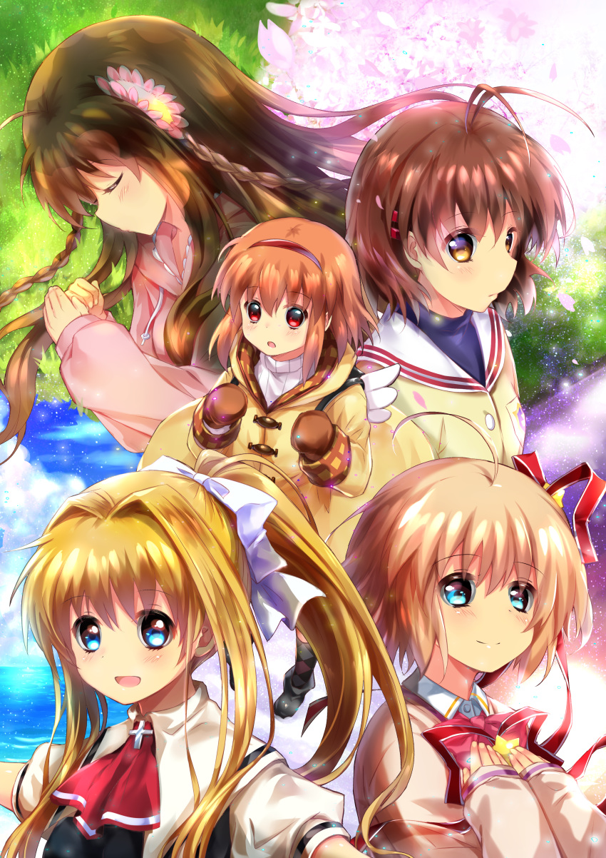 5girls absurdres air antenna_hair backpack bag beach beige_sweater blonde_hair blue_eyes blue_sky bow braid brown_eyes brown_hair brown_mittens cherry_blossoms clannad closed_eyes cloud commentary_request company_connection crossover flower furukawa_nagisa grass hair_flower hair_ornament hair_ribbon hairband highres hikarizaka_private_high_school_uniform hood hooded_jacket hoodie jacket kamikita_komari kamio_misuzu kanbe_kotori kanon key_(company) little_busters! lliissaawwuu2 long_hair looking_at_viewer lying mittens multiple_girls on_side outstretched_arms pink_bow pink_jacket ponytail red_eyes rewrite ribbon school_uniform short_hair sky smile tree tsukimiya_ayu twin_braids twintails upper_body winged_backpack