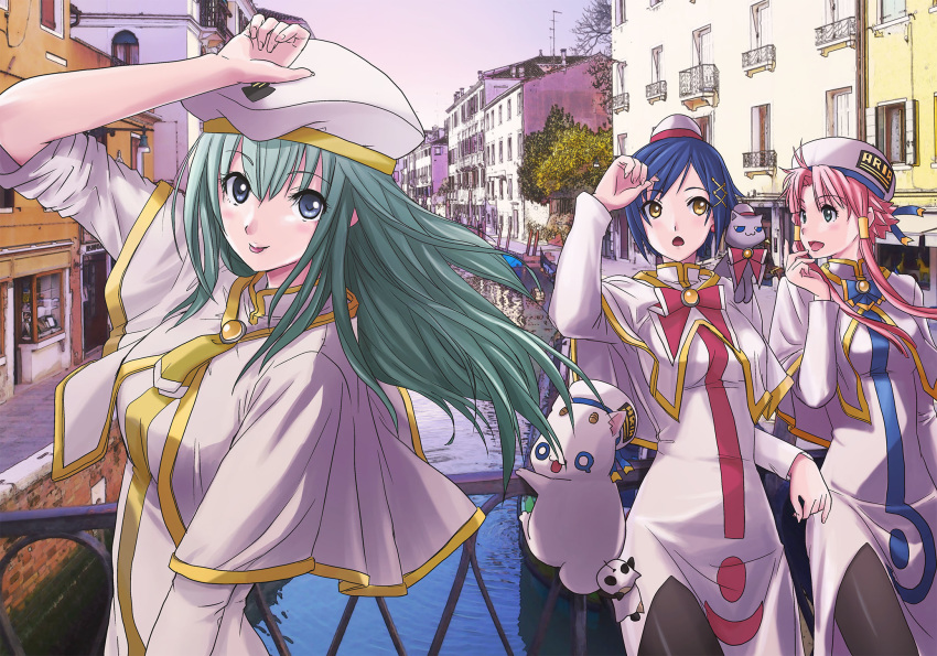 3girls aika_granzchesta alice_carroll aria aria_company_uniform aria_pokoteng bangs beret blue_eyes blue_hair blush capelet cat dress eyebrows_visible_through_hair green_eyes green_hair hat highres hime_granzchesta long_hair mizunashi_akari multiple_girls open_mouth orange_planet_uniform outdoors pink_hair pnhikaru president_maa short_hair sidelocks smile tongue tongue_out tree wallpaper water yellow_eyes