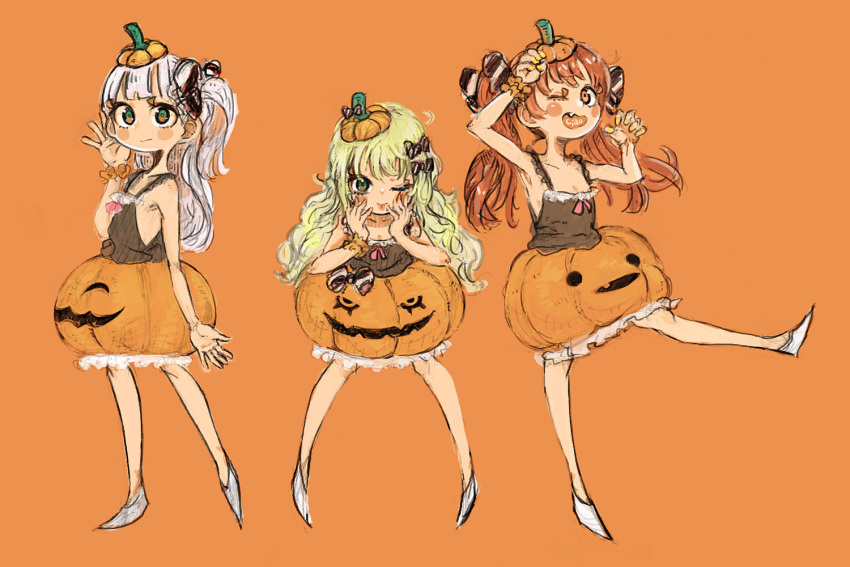 3girls bangs black_shirt blonde_hair blunt_bangs brown_eyes brown_hair bubble_skirt commentary_request fang fujinozu full_body grecale_(kantai_collection) green_eyes hair_ornament hair_ribbon hairclip halloween halloween_costume hat jack-o'-lantern kantai_collection libeccio_(kantai_collection) long_hair looking_at_viewer maestrale_(kantai_collection) multiple_girls one_eye_closed one_side_up orange_background orange_headwear orange_skirt ribbon shirt silver_hair simple_background skirt standing tan tank_top tongue tongue_out twintails