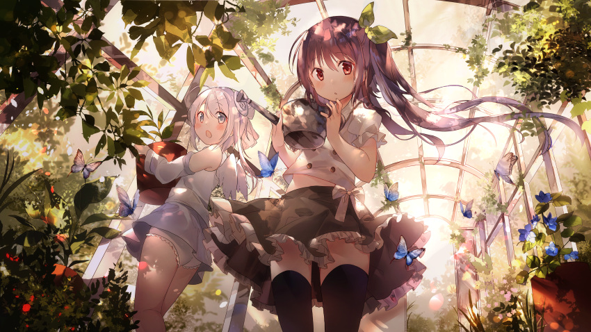 2girls amafuyu animal bangs bare_shoulders black_legwear black_skirt blue_flower blush brown_hair bug butterfly commentary day detached_sleeves english_commentary eyebrows_visible_through_hair floating_hair flower frilled_skirt frills green_ribbon greenhouse grey_eyes hair_between_eyes hair_ornament hair_ribbon hands_up highres holding holding_watering_can indoors insect long_hair long_sleeves looking_at_viewer multiple_girls open_mouth original panties parted_lips plant potted_plant puffy_short_sleeves puffy_sleeves purple_skirt red_eyes ribbon shirt short_sleeves silver_hair skirt sleeveless sleeveless_shirt standing sunlight thighhighs underwear very_long_hair watering_can white_panties white_shirt white_sleeves