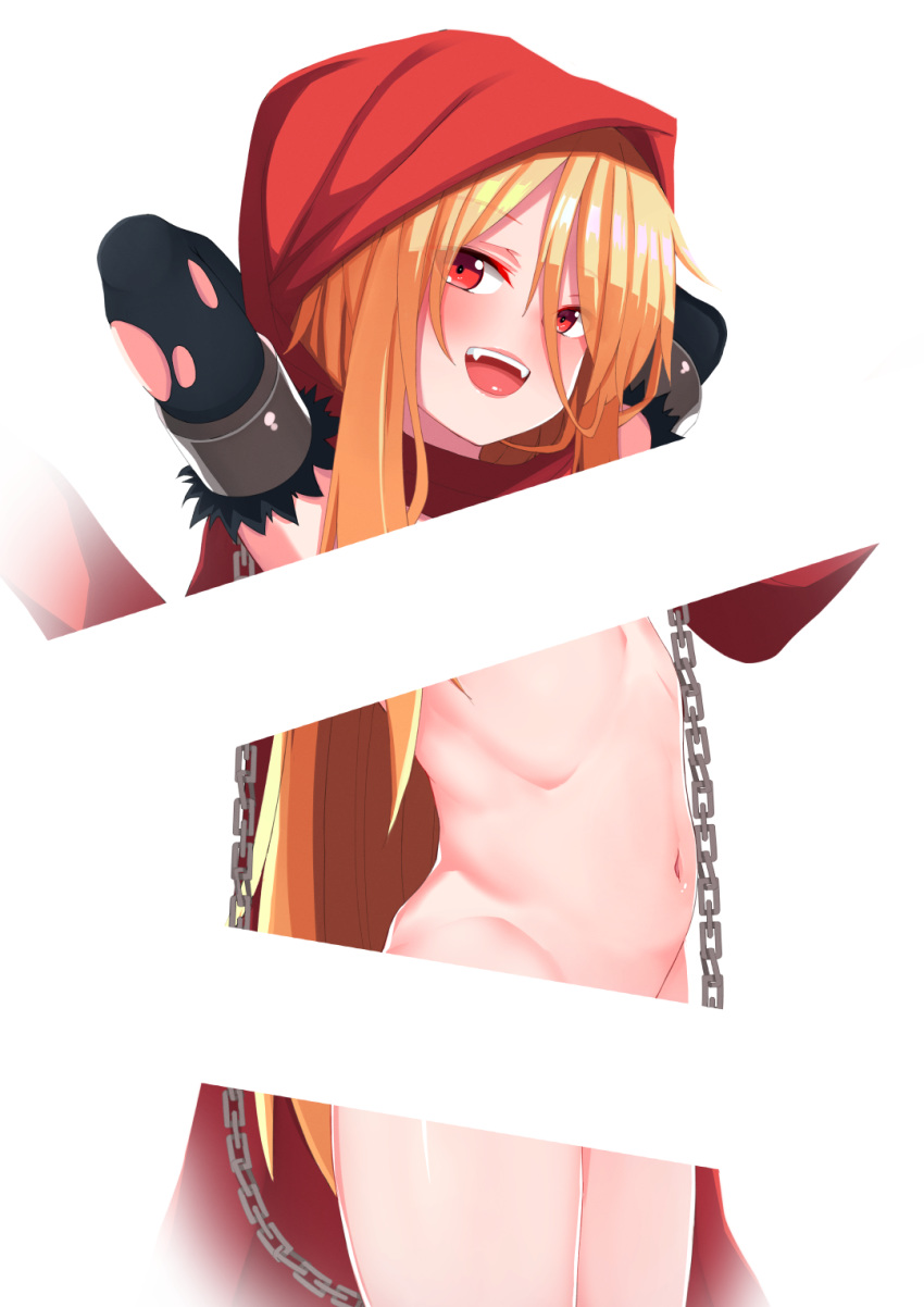 1girl bar_censor bare_shoulders bdsm black_gloves blonde_hair blush bondage bound breasts censored chain chained cuffs elbow_gloves evileye eyebrows_visible_through_hair falsche.shido fangs gloves highres hood long_hair looking_at_viewer navel open_mouth overlord_(maruyama) red_eyes red_hood shackles simple_background small_breasts smile solo teeth white_background