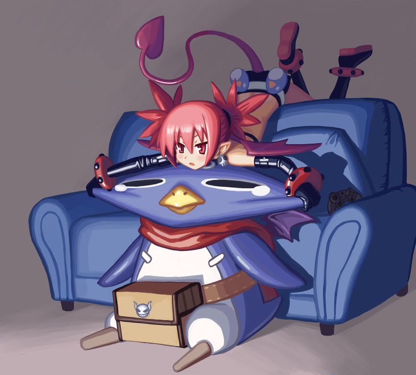 1girl 1other anklet beak bird black_footwear black_gloves boots bored bullying cheek_pull commentary controller couch demon_tail demon_wings disgaea earrings elbow_gloves english_commentary etna full_body game_controller gamepad gloves hair_pulled_back highres jewelry knee_boots medium_hair mini_wings nonneim peg_leg penguin pointy_ears pouch prinny red_eyes red_hair red_scarf scarf shorts skull_earrings slit_pupils studded_anklet studded_bracelet tail tears wings