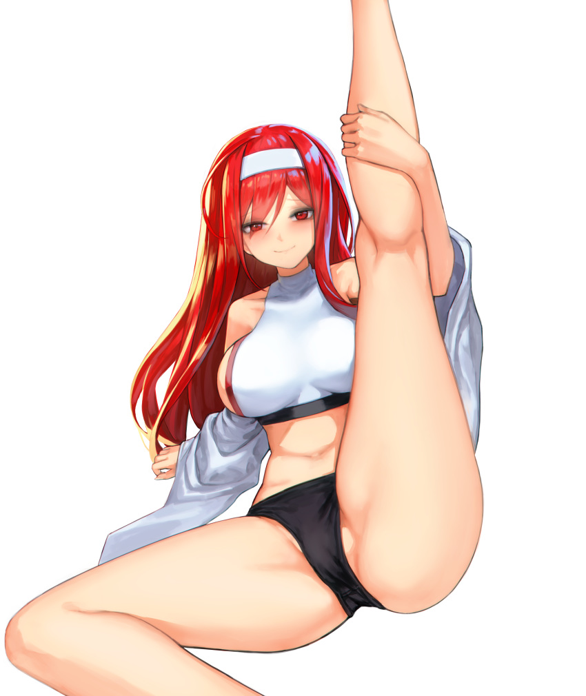 1girl absurdres ass bare_legs bare_shoulders black_panties breasts character_request crop_top crotch_seam detached_sleeves dungeon_and_fighter egk513 headband highres large_breasts leg_up long_hair long_sleeves looking_at_viewer midriff navel panties reclining red_eyes red_hair shirt simple_background smile solo stomach thighs underwear white_background white_shirt wide_sleeves