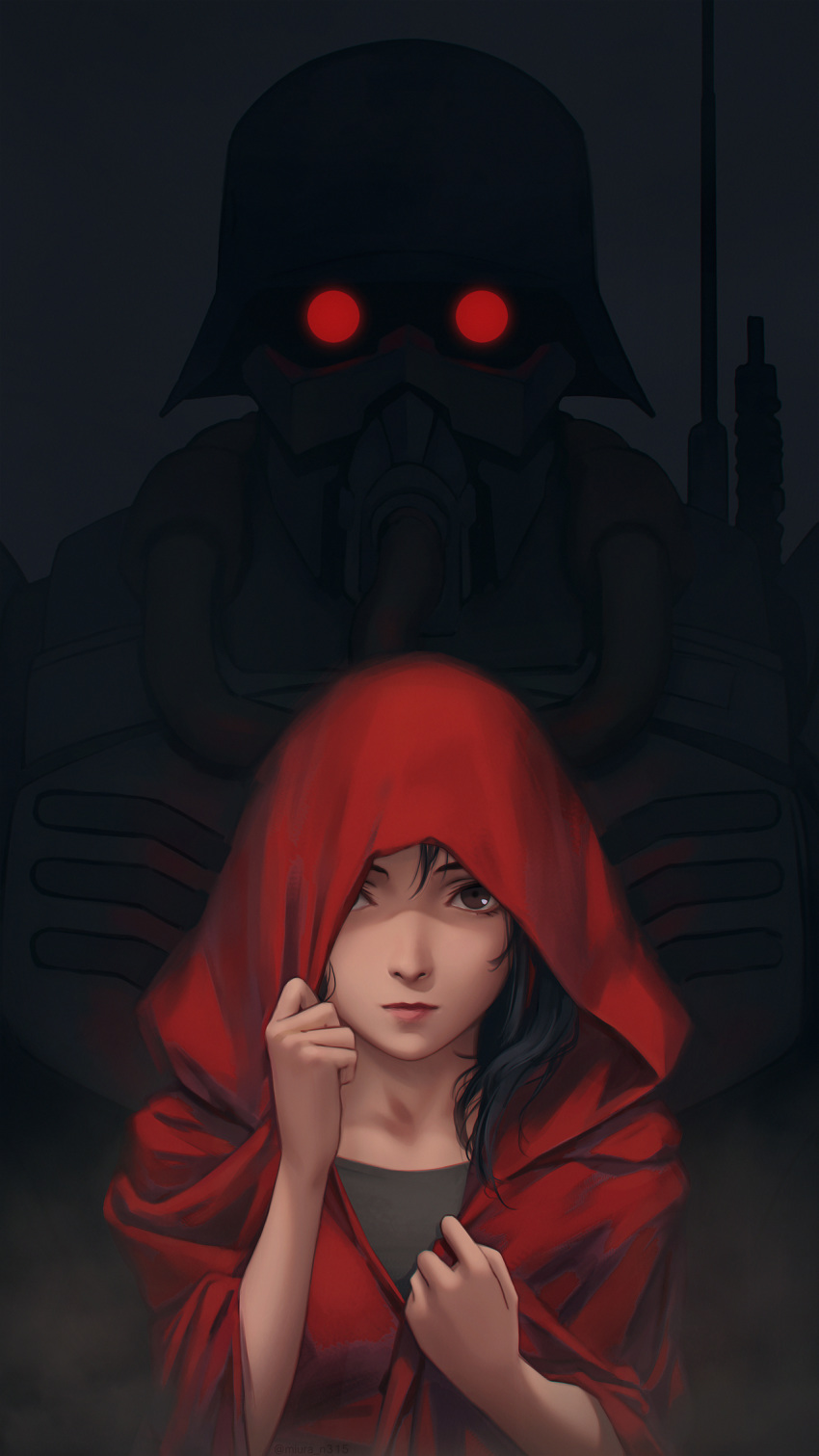 1girl 1other black_hair brown_eyes cloak closed_mouth dark_background gas_mask glowing glowing_eyes hands_up helmet highres hood hood_up hooded_cloak jin_roh lips long_hair looking_at_viewer miura-n315 protect-gear