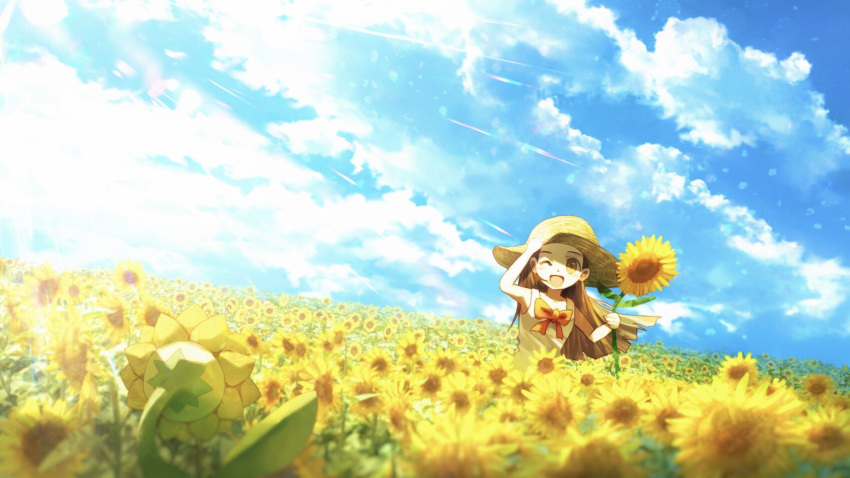 1girl ;d blue_sky blurry brown_eyes brown_hair commentary_request depth_of_field dress field flower flower_field gen_2_pokemon gym_leader hand_on_headwear hand_up hat highres holding holding_flower long_hair mikan_(pokemon) odd_one_out one_eye_closed open_mouth pokemon pokemon_(creature) pokemon_(game) pokemon_hgss red_ribbon ribbon ribero sky sleeveless smile straw_hat summer sunflora sunflower when_you_see_it younger