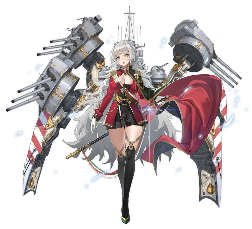 azur_lane bangs black_dress black_footwear blunt_bangs blush boots breasts cannon cape cleavage corset dress epaulettes full_body gloves gold_trim green_cape grey_eyes grey_hair high_collar high_heel_boots high_heels highres holding holding_sword holding_weapon jacket light_particles long_hair medallion messy_hair mr_cloud official_art open_mouth pleated_dress red_jacket rigging saber_(weapon) sheath sheathed sidelocks skindentation sword tachi-e thigh_boots thighhighs thighs transparent_background tsurime turret unsheathing very_long_hair vittorio_veneto_(azur_lane) weapon white_gloves wind