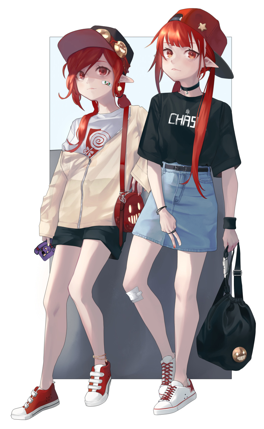 2girls bag bandaid bangs belt belt_buckle black_clothes buckle cellphone choker closed_mouth denim denim_skirt dungeon_and_fighter ear_piercing earrings english_text hat highres holding holding_bag holding_cellphone holding_phone jacket jewelry litra_(ltr0312) long_hair long_sleeves looking_at_viewer multiple_girls nail nail_polish phone piercing pointy_ears ponytail red_eyes red_footwear red_hair shaded_face shoelaces shoes short_sleeves simple_background skirt sneakers standing star v white_footwear wristband