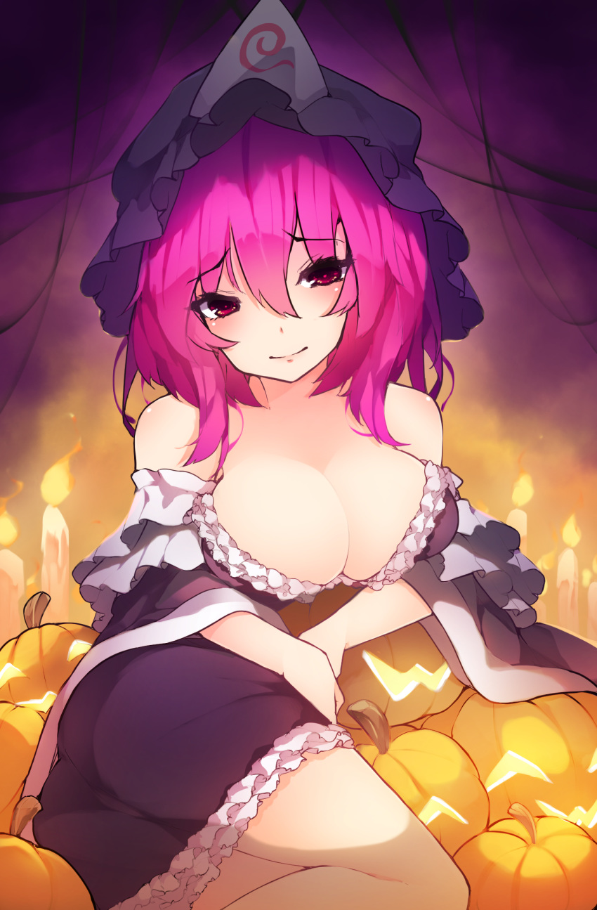 1girl alternate_color bare_shoulders black_dress black_headwear breasts candle chiroru_(cheese-roll) cleavage commentary dress feet_out_of_frame frills halloween hat highres jack-o'-lantern large_breasts light_smile long_sleeves looking_at_viewer mob_cap off-shoulder_dress off_shoulder pink_hair pumpkin red_eyes saigyouji_yuyuko short_dress short_hair solo thighs touhou triangular_headpiece wide_sleeves