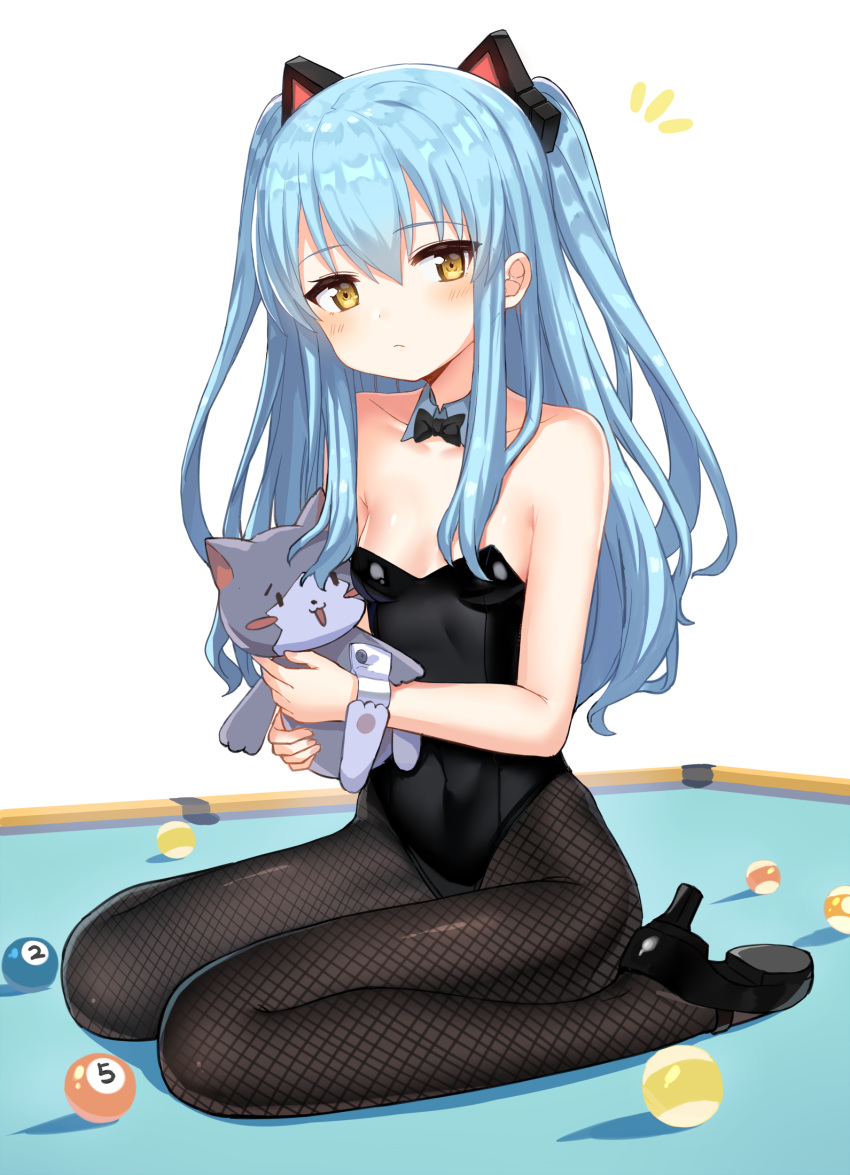 1girl animal_ears bangs bare_shoulders billiards black_footwear black_legwear black_leotard black_neckwear blue_hair blush bow bowtie breasts brown_eyes cat_ears closed_mouth collarbone commentary_request cue_ball detached_collar eiyuu_densetsu eyebrows_visible_through_hair fishnet_pantyhose fishnets grey_collar hair_between_eyes hajime_kaname high_heels highres holding holding_stuffed_animal leotard long_hair looking_at_viewer notice_lines pantyhose pool_table shoe_soles shoes sitting small_breasts solo strapless strapless_leotard stuffed_animal stuffed_cat stuffed_toy tio_plato very_long_hair wariza white_background wing_collar wrist_cuffs zero_no_kiseki