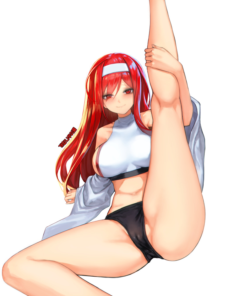 1girl absurdres ass bare_legs bare_shoulders black_panties breasts cameltoe character_request crop_top crotch_seam detached_sleeves dungeon_and_fighter egk513 headband highres large_breasts leg_up long_hair long_sleeves looking_at_viewer midriff navel panties reclining red_eyes red_hair shirt simple_background smile solo stomach thighs underwear white_background white_shirt wide_sleeves