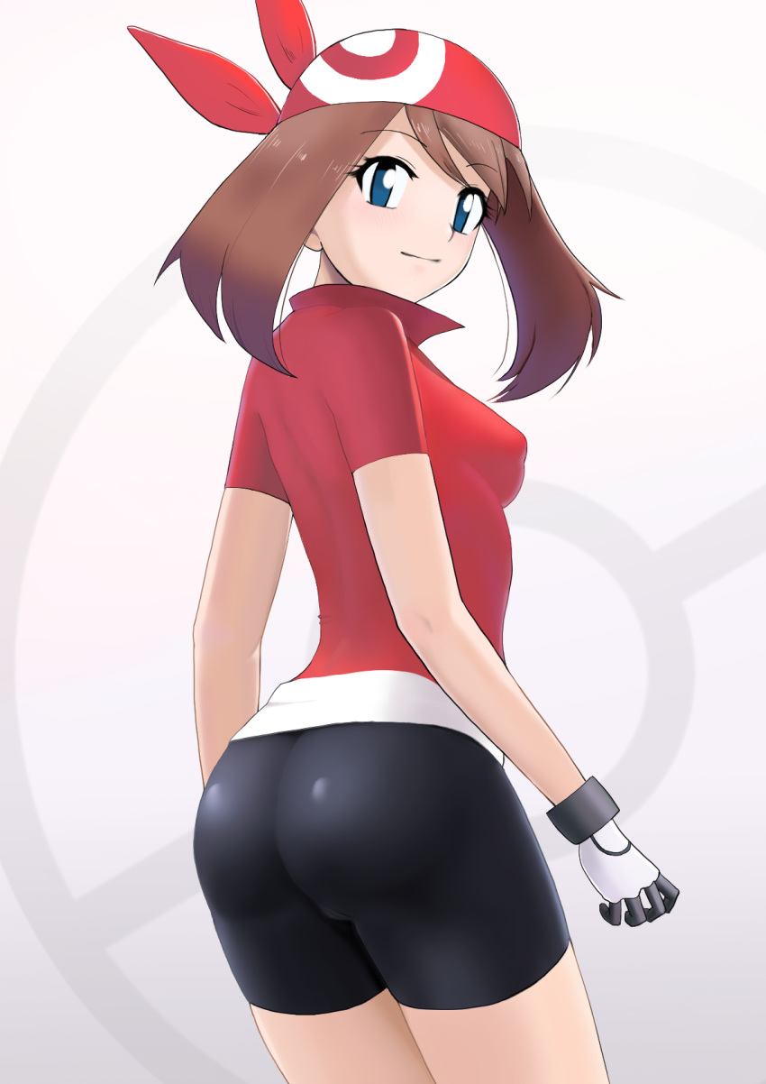 1girl bangs bike_shorts black_shorts blue_eyes breasts brown_hair closed_mouth collared_jacket covered_nipples cowboy_shot eyebrows_visible_through_hair from_behind gloves haruka_(pokemon) highres higofushi jacket long_hair looking_at_viewer medium_breasts pokemon pokemon_(game) pokemon_rse red_bandana red_jacket shiny shiny_clothes short_shorts short_sleeves shorts simple_background skin_tight smile solo standing swept_bangs white_background white_gloves