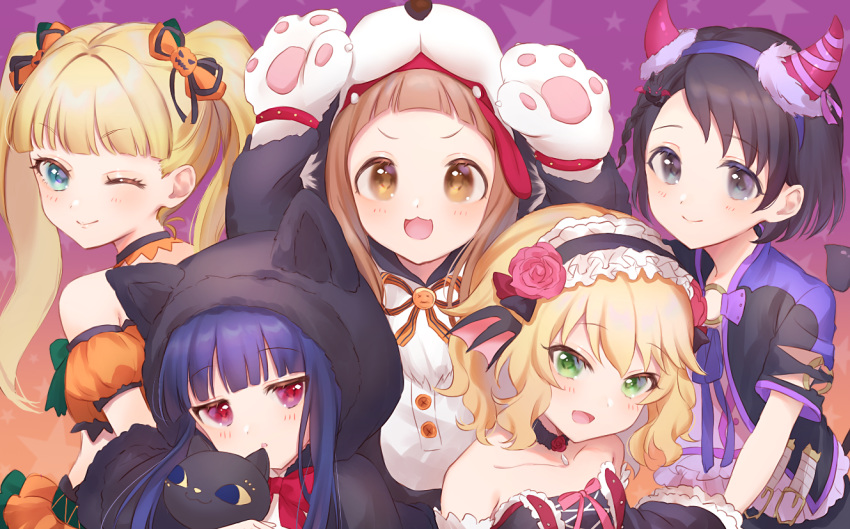 5girls :3 :d ;) animal_costume animal_ears animal_hood anoa arms_up bangs bare_shoulders bat_wings black_cloak black_dress black_hair black_hairband black_jacket blonde_hair blue_hair blunt_bangs blush bow braid brown_background brown_eyes brown_hair cat_hood cloak closed_mouth collarbone commentary_request demon_horns demon_tail detached_sleeves dog_costume dress eyebrows_visible_through_hair fake_animal_ears fake_horns flower forehead frilled_hairband frills gloves gradient gradient_background green_eyes hair_bow hair_flower hair_ornament hairband head_wings hood hood_up hooded_cloak horns ichihara_nina idolmaster idolmaster_cinderella_girls jack-o'-lantern jack-o'-lantern_hair_ornament jacket long_hair looking_at_viewer mary_cochran multiple_girls one_eye_closed open_clothes open_jacket open_mouth orange_bow orange_skirt orange_sleeves parted_lips paw_gloves paws pink_flower pink_rose pink_shirt pink_wings pleated_skirt puffy_short_sleeves puffy_sleeves purple_background purple_hairband red_eyes rose sajou_yukimi sakurai_momoka sasaki_chie shirt short_hair short_sleeves skirt smile star starry_background strapless strapless_dress stuffed_animal stuffed_cat stuffed_toy tail tail_raised twintails v-shaped_eyebrows white_flower wings