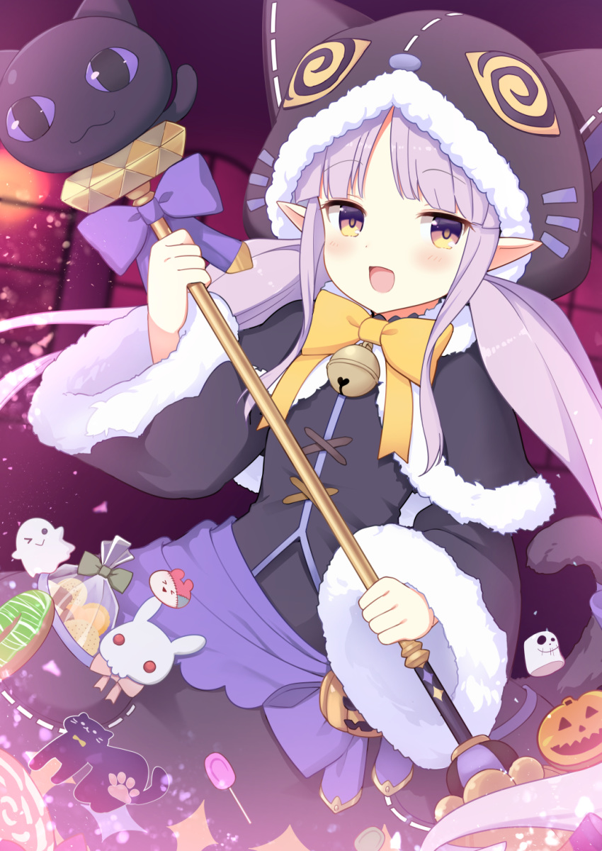1girl :d animal_ears animal_hood bangs bell bell_(oppore_coppore) black_capelet black_jacket black_skirt blurry blurry_background blush bow brown_eyes capelet cat_ears cat_girl cat_hood cat_tail commentary_request depth_of_field eyebrows_visible_through_hair fake_animal_ears fur-trimmed_capelet fur-trimmed_hood fur-trimmed_sleeves fur_trim halloween highres hikawa_kyoka holding hood hood_up hooded_capelet jack-o'-lantern jacket jingle_bell long_hair long_sleeves looking_at_viewer open_mouth pointy_ears princess_connect! princess_connect!_re:dive purple_bow purple_eyes sidelocks skirt smile solo tail tail_bow tail_raised twintails very_long_hair wide_sleeves yellow_bow