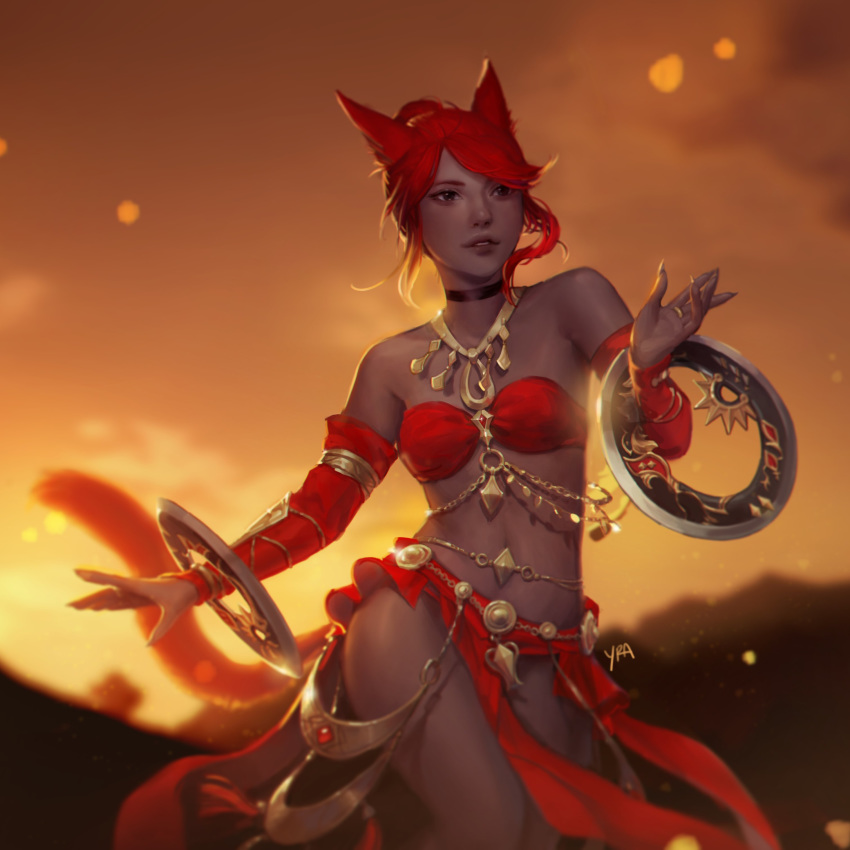 1girl absurdres animal_ears bandeau bare_shoulders blurry blurry_background bridal_gauntlets brown_eyes cat_ears cat_tail chakram choker dancer_(final_fantasy) dark_skin final_fantasy final_fantasy_xiv highres jewelry lips miqo'te parted_lips pelvic_curtain red_hair short_hair signature solo tail weapon yra