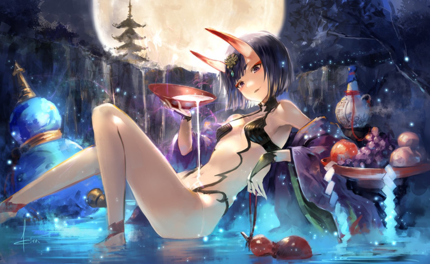 1girl bangs bare_shoulders blush bob_cut breasts cup elbow_rest eyebrows_visible_through_hair fate/grand_order fate_(series) full_moon head_tilt horns kito_(kito2) looking_at_viewer makeup moon navel night oni oni_horns open_mouth purple_eyes purple_hair reclining revealing_clothes sakazuki short_hair shuten_douji_(fate/grand_order) small_breasts smile solo