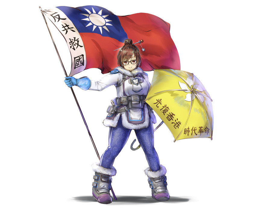 1girl belt black-framed_eyewear blue_gloves boots brown_eyes brown_hair check_translation chinese_text coat english_commentary flag full_body fur-trimmed_jacket fur_boots fur_coat fur_trim gas_mask glasses gloves hair_bun hair_ornament hair_stick helmet highres holding holding_flag hong_kong_regional_flag jacket legs_apart looking_at_viewer mei_(overwatch) overwatch pocket propaganda republic_of_china_flag short_hair simple_background snow_boots spiked_boots standing translation_request umbrella white_background winter_clothes winter_coat