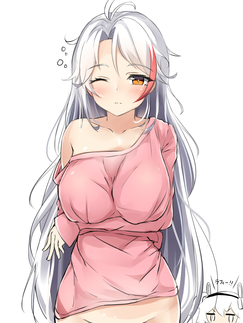 2girls absurdres animal_ears antenna_hair arms_under_breasts azur_lane bangs bare_shoulders blush breast_hold breasts brown_eyes bunny_ears chibi chibi_inset closed_mouth collarbone commentary_request eyebrows_visible_through_hair groin hair_between_eyes hairband highres laffey_(azur_lane) large_breasts long_sleeves looking_at_viewer moyoron multicolored_hair multiple_girls off_shoulder one_eye_closed out-of-frame_censoring pink_shirt prinz_eugen_(azur_lane) shirt sidelocks silver_hair simple_background sleepy sleeves_past_wrists solo_focus streaked_hair white_background