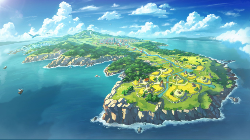 artist_request atelier_(series) atelier_ryza bird blue_sky boat cliff cloud cloudy_sky field forest from_above harbor highres house island landscape mountain nature no_humans ocean official_art river sail scenery ship sky statue tree watercraft windmill