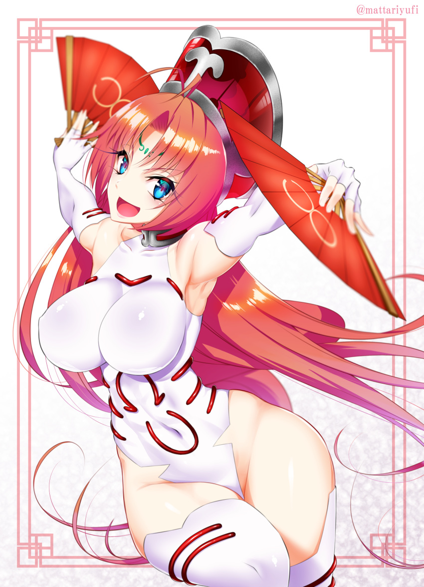 1girl absurdres ahoge blue_eyes breasts choker commentary_request elbow_gloves facial_mark fan forehead_mark gloves hat highres houshin_engi large_breasts leotard long_hair looking_at_viewer mattari_yufi navel open_mouth outstretched_arms paper_fan partly_fingerless_gloves red_hair skindentation smile so_dakki solo spread_arms thighhighs twitter_username upper_body