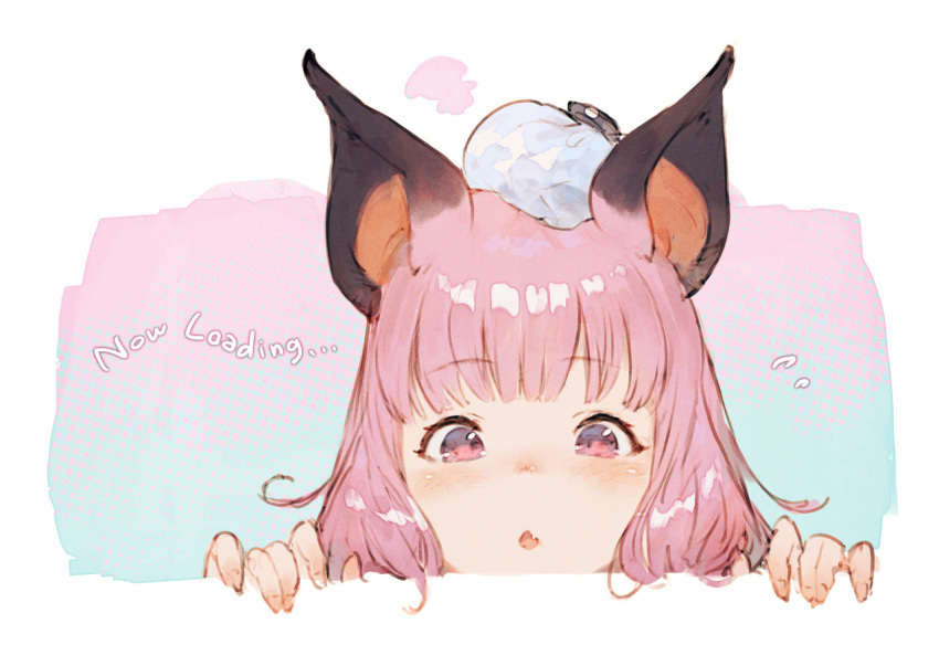 1girl animal_ears animare bag_on_head bangs bat_ears blush face fang ice_pack junwool long_hair looking_at_viewer open_mouth pink_eyes pink_hair skin_fang smile solo umori_hinako virtual_youtuber