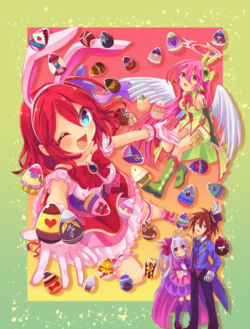 1boy 3girls :d angel_wings animal_ears bare_shoulders black_pants blue_eyes blue_hair blush boots bow bowtie breasts bridal_gauntlets brown_eyes brown_hair bunny_ears choker dress easter_egg egg fake_animal_ears feathered_wings flower gloves gradient_eyes green_dress hair_flower hair_ornament halo happy hat highres jibril_(no_game_no_life) long_hair looking_at_viewer low_wings magic_circle medium_breasts messy_hair multicolored multicolored_eyes multiple_girls no_game_no_life one_eye_closed open_mouth orange_eyes pants pink_bow pink_hair purple_dress red_choker red_eyes red_hair shiro_(no_game_no_life) short_hair sideboob smile sora_(no_game_no_life) stephanie_dora tattoo thighhighs very_long_hair white_wings wing_ears wings yellow_eyes yuiti43