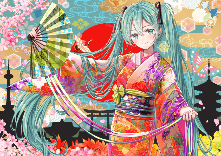 1girl akasaka_asa aqua_eyes aqua_hair autumn_leaves bird cherry_blossoms closed_mouth colored_eyelashes colorful commentary cowboy_shot egasumi fan fingernails floating_hair floral_print folding_fan ginkgo_leaf hair_between_eyes hatsune_miku hexagon highres holding holding_fan japanese_clothes kimono leaf long_hair long_sleeves looking_at_viewer maple_leaf obi obiage outstretched_arm pagoda print_kimono red_sun ribbon sash sayagata shiny shiny_hair smile solo standing torii twintails very_long_hair vocaloid wide_sleeves