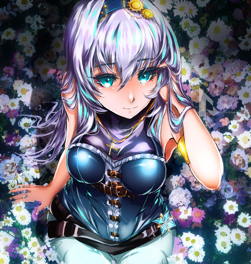 1girl aqua_eyes belt_buckle bracelet buckle closed_mouth commentary eyebrows_visible_through_hair field flower flower_field gbsartworks hair_ornament hairband highres jewelry long_hair necklace original pants purple_flower purple_hair shirt sitting sleeveless sleeveless_shirt smile white_flower