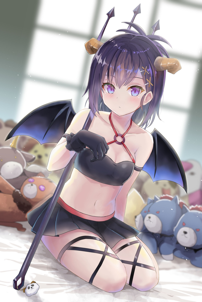 1girl absurdres bare_shoulders black_gloves black_skirt black_wings blush breasts cleavage collarbone commentary_request criss-cross_halter crop_top demon_girl demon_horns demon_wings expressionless full_body gabriel_dropout gloves groin hair_ornament hairclip hallelujah_essaim halterneck highres holding_polearm horns indoors keychain looking_at_viewer medium_hair midriff miniskirt navel o-ring o-ring_top pleated_skirt polearm purple_eyes purple_hair seiza sitting skirt solo stuffed_animal stuffed_toy tenma-gav trident tsukinose_vignette_april weapon wings x_hair_ornament