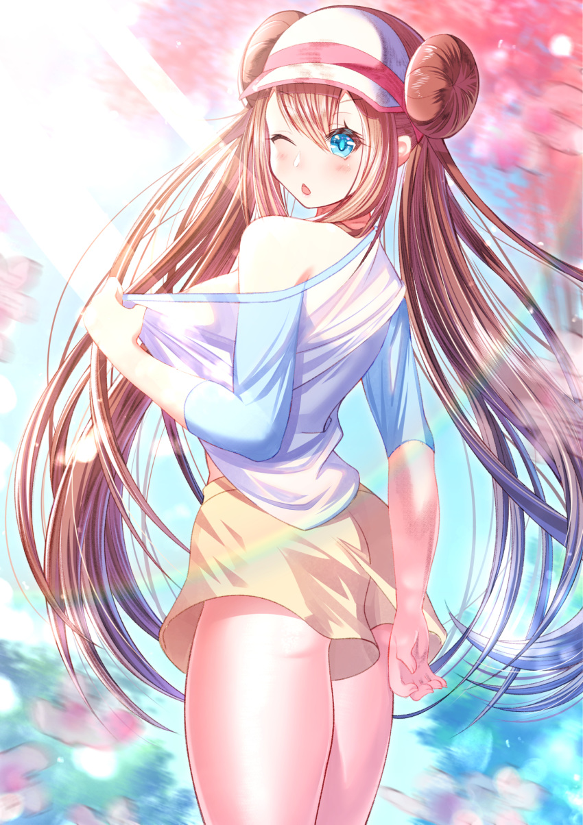 1girl bangs blue_eyes blue_sky blue_sleeves blurry blurry_background blush breasts brown_hair bush commentary_request day double_bun eyebrows_visible_through_hair from_behind hand_up highres jiaxi_daze light_rays long_hair long_sleeves medium_breasts mei_(pokemon) off_shoulder one_eye_closed open_mouth outdoors pink_headwear pokemon pokemon_(game) pokemon_bw2 raglan_sleeves shiny shiny_hair shirt short_shorts shorts sideboob sky solo standing sunbeam sunlight tied_hair tree twintails very_long_hair visor_cap white_shirt yellow_shorts