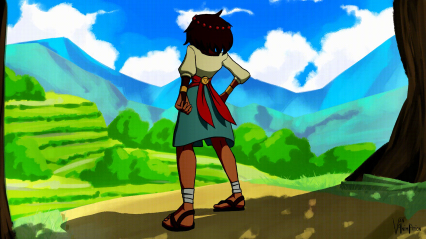 1girl ajna_(indivisible) animated animated_gif ankle_wrap artist_logo bangs beads bike_shorts black_eyes black_footwear black_hair black_shorts blue_skin blue_sky blurry blurry_background bodysuit bracelet bridal_gauntlets closed_eyes cloud cloudy_sky commentary dark_persona dark_skin day depth_of_field english_commentary fangs green_skirt grin hair_ornament heruka_(indivisible) highres huge_filesize indivisible jewelry lifted_by_self long_sleeves looking_at_viewer medium_skirt monochrome_background monster_girl mountain open_mouth outdoors red_eyes sandals sash shirt short_hair shorts silver_hair skirt skirt_lift sky smile solo standing transformation van_an_nguyen white_shirt
