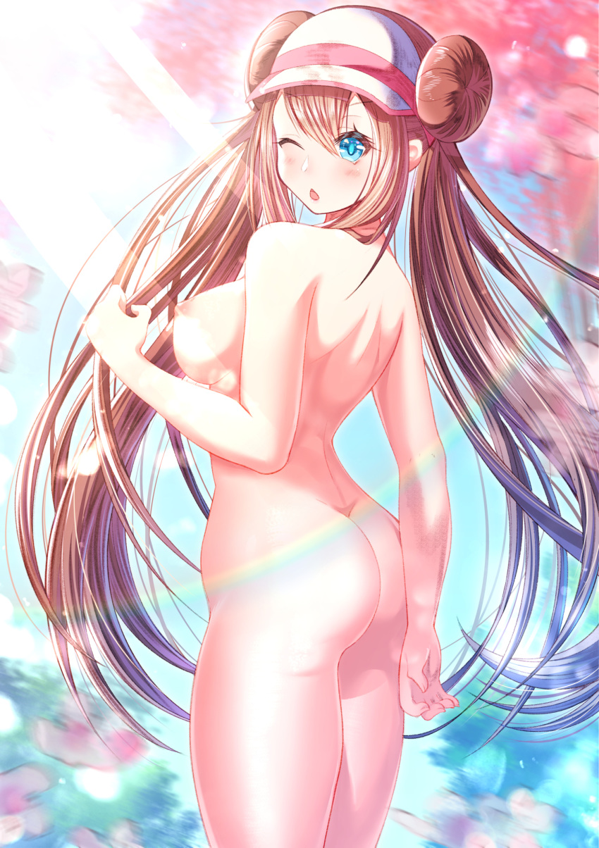1girl ass bangs blue_eyes blue_sky blurry blurry_background blush breasts brown_hair bush commentary_request day double_bun eyebrows_visible_through_hair from_behind hand_up highres jiaxi_daze light_rays long_hair medium_breasts mei_(pokemon) nipples nude one_eye_closed open_mouth outdoors pink_headwear pokemon pokemon_(game) pokemon_bw2 shiny shiny_hair sky solo standing sunbeam sunlight tied_hair tree twintails very_long_hair visor_cap