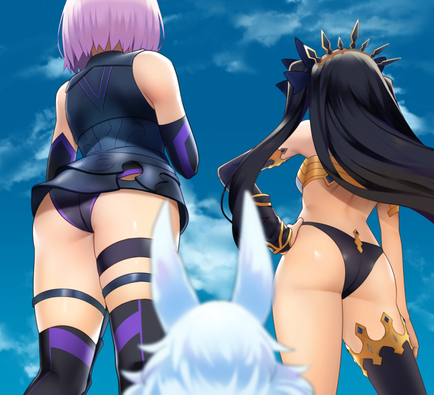 2girls arm_at_side armored_leotard ass bare_shoulders bikini black_bikini_bottom black_bow black_gloves black_legwear black_leotard blue_sky blurry blurry_foreground bow breasts commentary_request creature day depth_of_field detached_sleeves elbow_gloves facing_away fate/grand_order fate_(series) fou_(fate/grand_order) from_behind from_below gloves hair_bow hairband hand_on_hip ishtar_(fate/grand_order) leotard long_hair mash_kyrielight mismatched_bikini multiple_girls outdoors purple_hair short_hair single_detached_sleeve single_thighhigh sky small_breasts swimsuit thigh_strap thighhighs tsuchifumazu two_side_up white_bikini_top