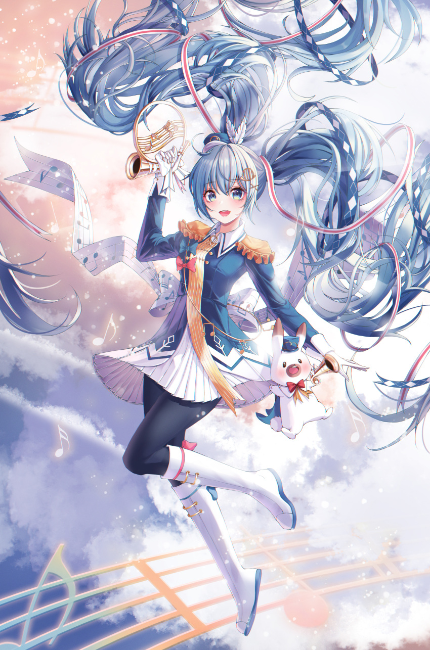 1girl :d absurdres black_legwear blue_eyes blue_hair blue_headwear blue_shirt boots bow bunny commentary eumi_114 floating_hair french_horn gloves hair_ornament hand_up hatsune_miku highres holding holding_instrument huge_filesize instrument knee_boots leg_up long_hair long_sleeves looking_at_viewer miniskirt musical_note open_mouth pantyhose pleated_skirt red_bow shirt skirt smile twintails very_long_hair vocaloid white_footwear white_gloves white_skirt wing_collar x_hair_ornament yuki_miku yuki_miku_(2020) yukine_(vocaloid)